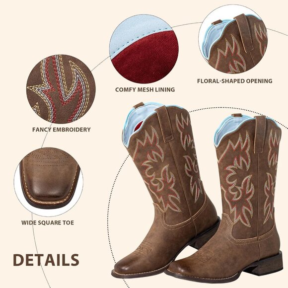 J's.o.l.e Women Brown Cowboy Boot Square Mid Calf Pull On Fashion Embroidered - Picture 6 of 9